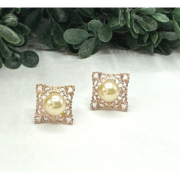 Rose Gold Tone Faux Pearl Filigree Square Stud Earrings Elegant Bridal Accessory - Picture 2 of 7